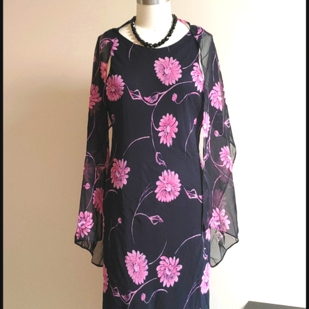 VTG Long Chiffon Black with Pink Flowers Dress w Scarf
